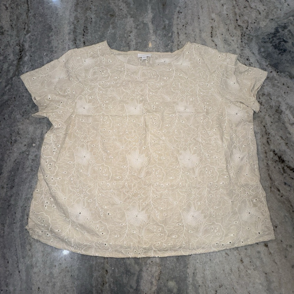 J. Jill Linen Blend Beige Eyelet Blouse Floral Embroidered Beach Boho Sz XL Boxy
